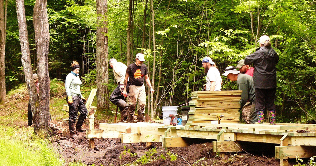 Volunteers build boardwalks at school forest